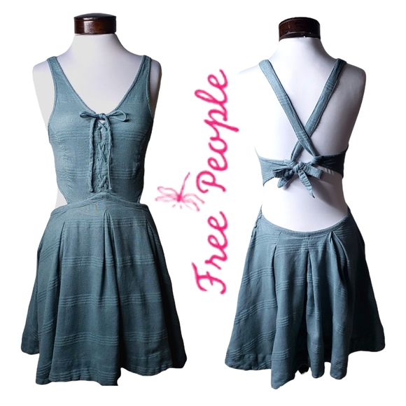 Free People "Jump to it" Mini Criss Cross Back Side Cut-Out Dress Sage Sz: S - Picture 4 of 13